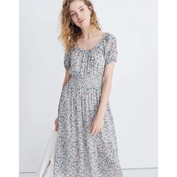 Madewell smock-waist peasant dress in blossoming vines sz large. Missing lining - Picture 2 of 14